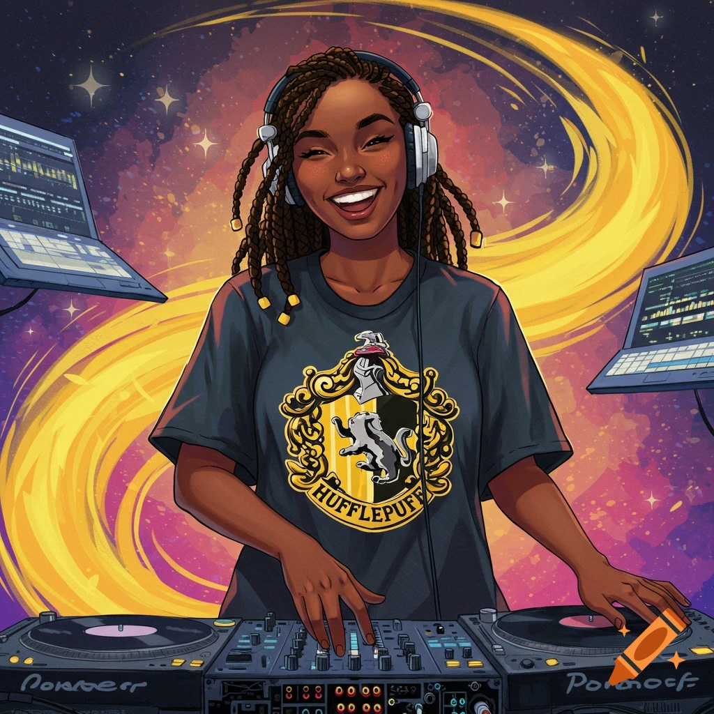 A smiling young woman with braided hair and headphones, wearing a Hufflepuff shirt, stands at DJ turntables with laptops, against a vibrant starry and golden spiral background in a stylized illustration.