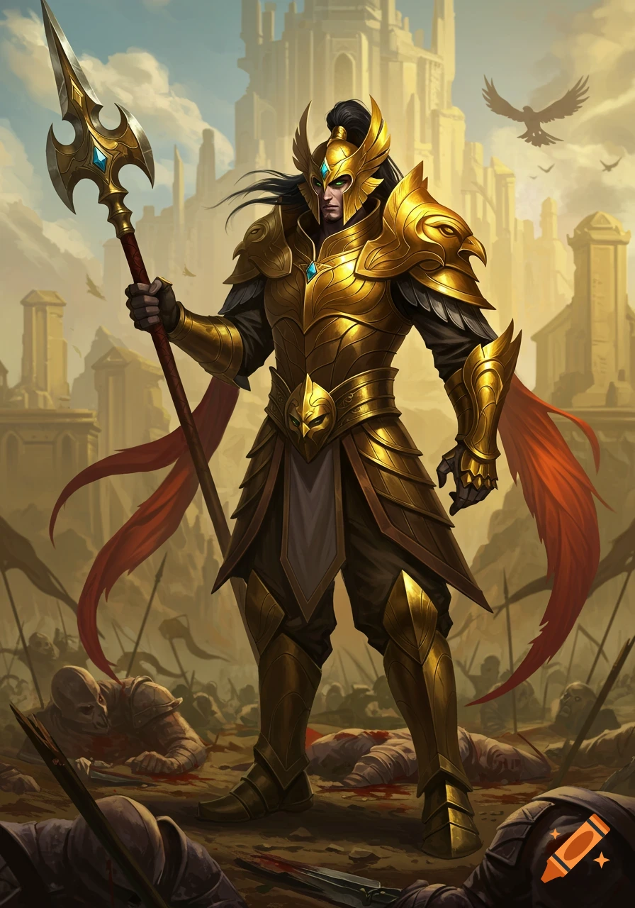 A majestic warrior in golden armor with a bird-themed helmet and a pike stands over a battlefield with fallen soldiers and a distant castle.