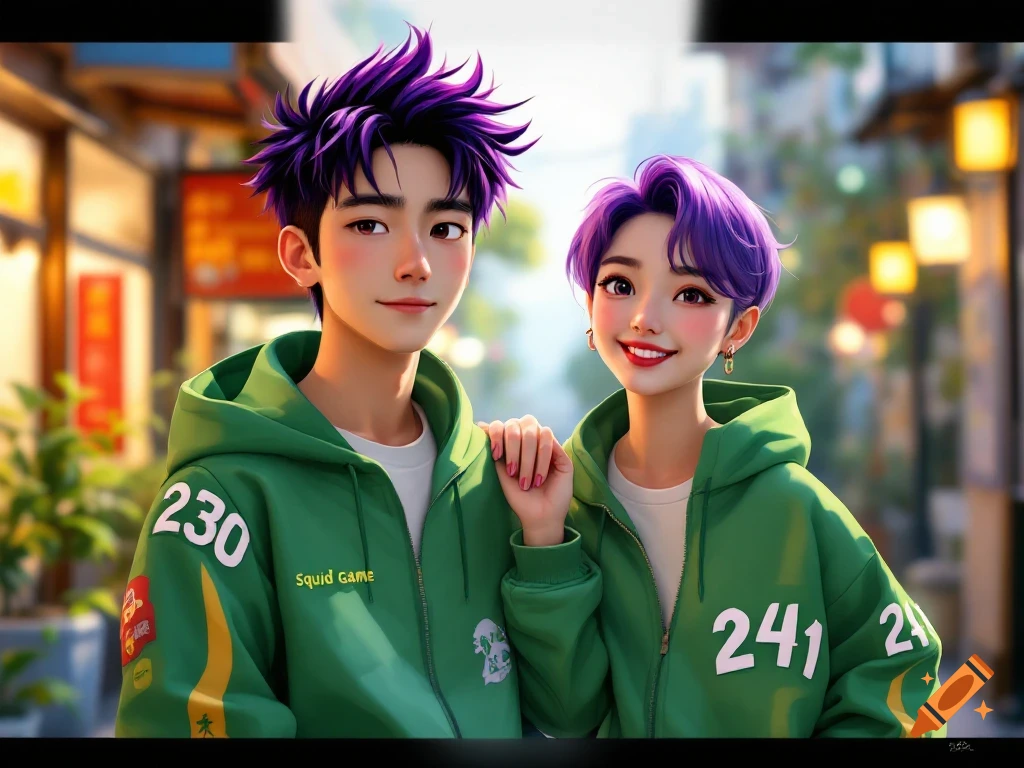 An anime boy and girl with purple hair, wearing green Squid Game tracksuits, standing on a street.