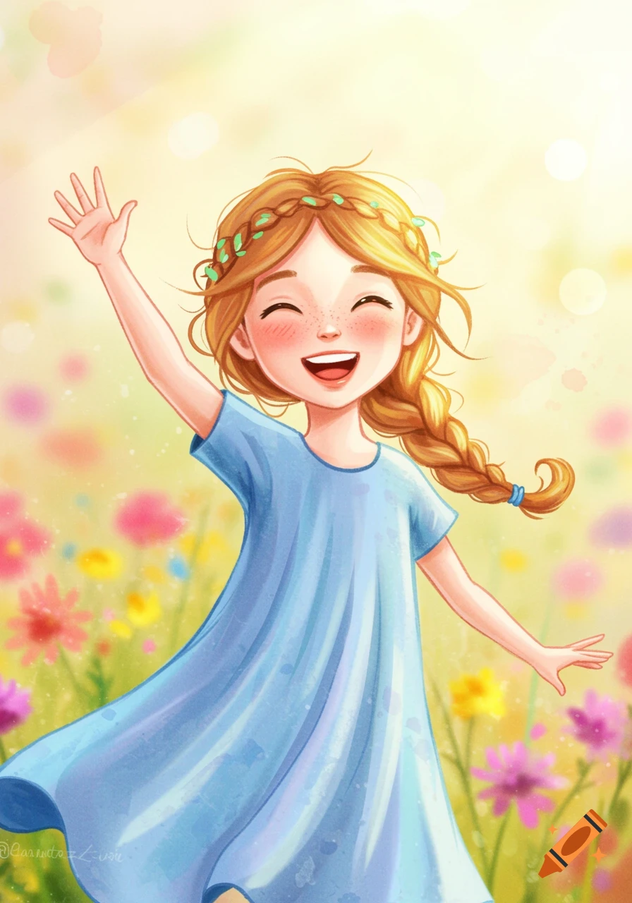 Watercolor illustration of a smiling little girl with braided hair and a flower wreath, waving in a field of colorful flowers.