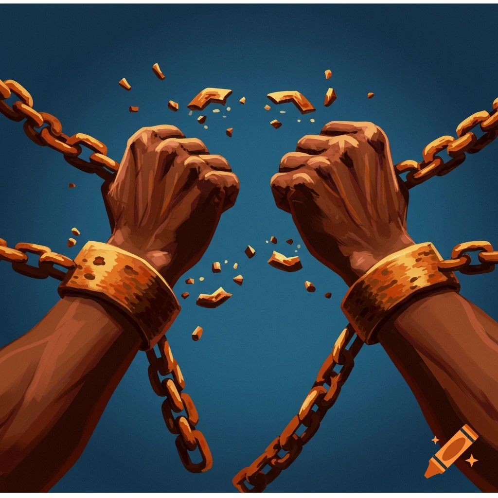 Two dark-skinned hands break thick golden chains against a deep blue background in a stylized illustration.