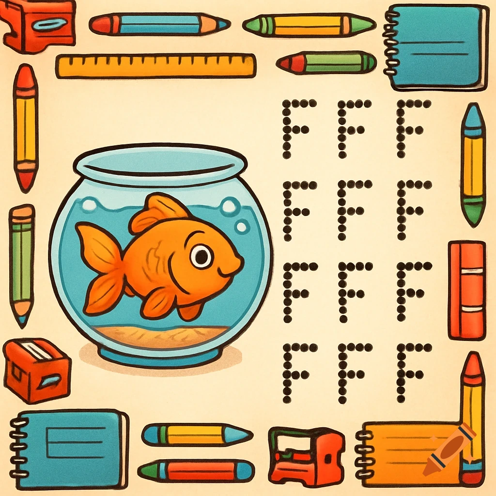 A cartoon goldfish swims in a fishbowl, surrounded by school supplies and dotted F letters.
