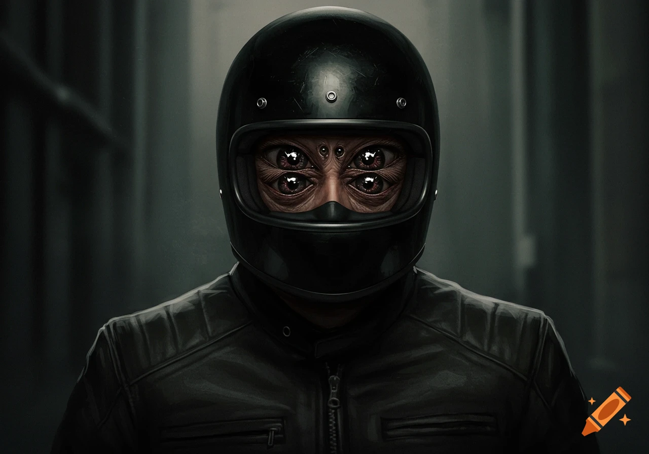 A person in a black motorcycle helmet and leather jacket, with multiple spider-like eyes visible through the visor, in a dark, moody setting.