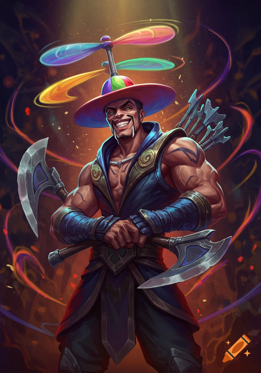 A muscular, grinning fantasy character resembling Draven, wearing a propeller hat and holding two axes.