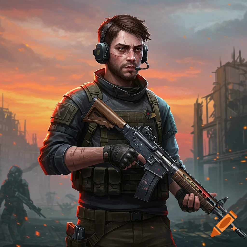 A male survivor with a scarred face, tactical gear, and a headset holds a rifle in a post-apocalyptic city at sunset.