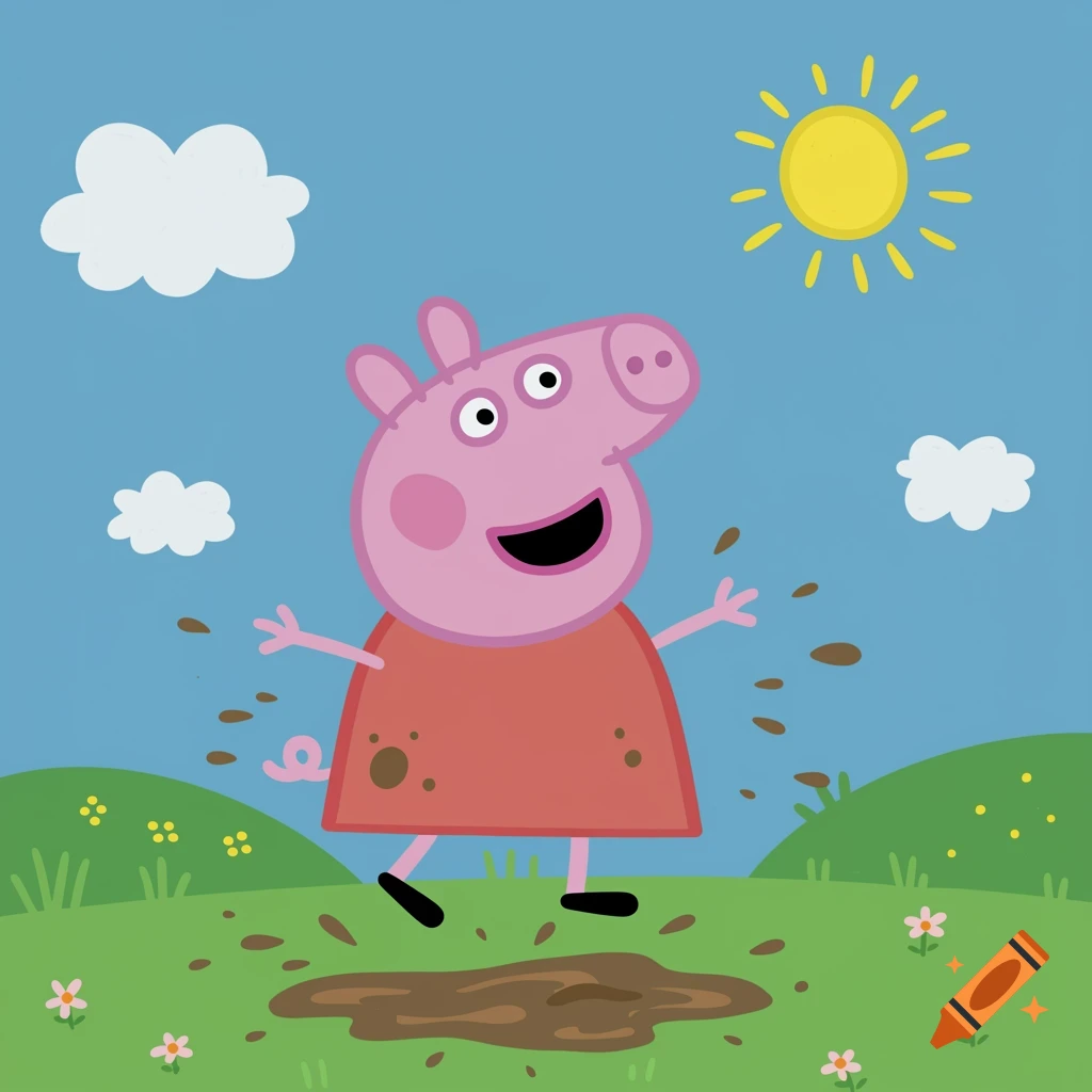 Peppa Pig joyfully splashes in a muddy puddle on a sunny day in a vibrant cartoon style.