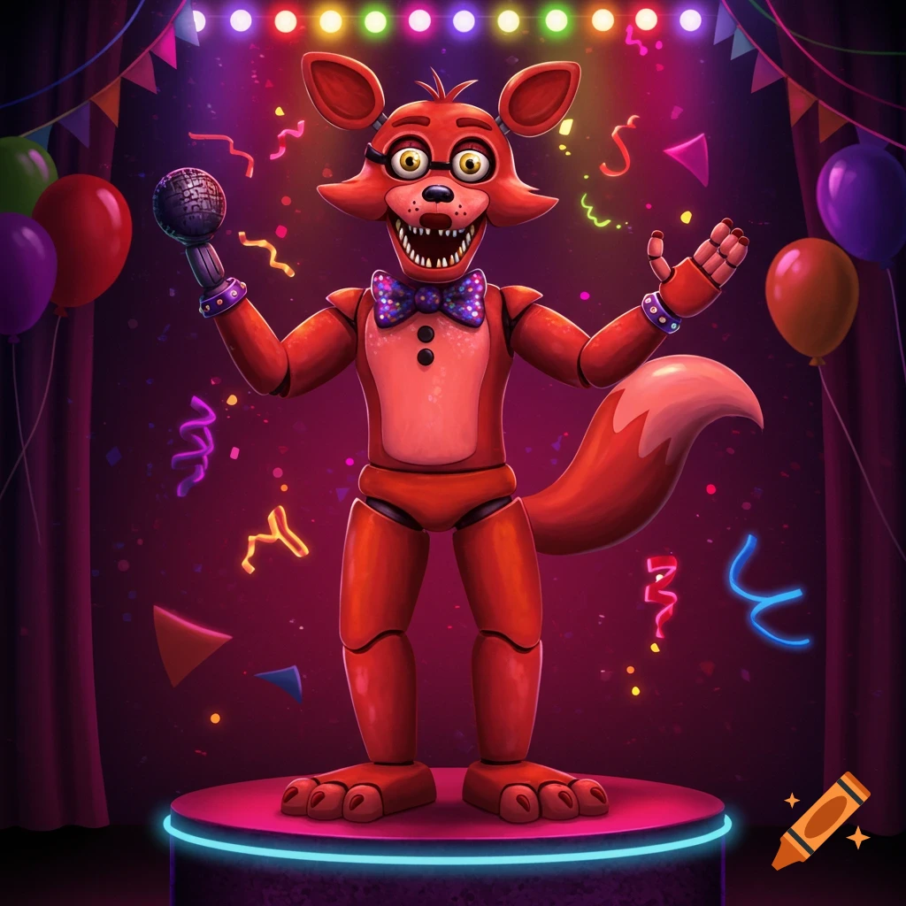 A vibrant red fox animatronic stands on a brightly lit stage, holding a microphone amidst falling confetti and balloons.