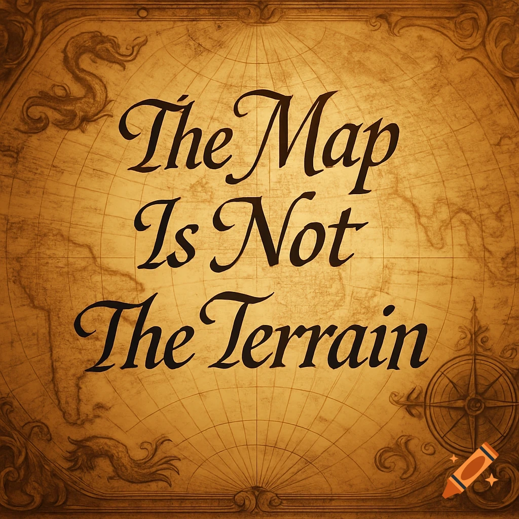 The phrase "The Map Is Not The Terrain" in elegant script on an antique map background with decorative borders and a compass rose.