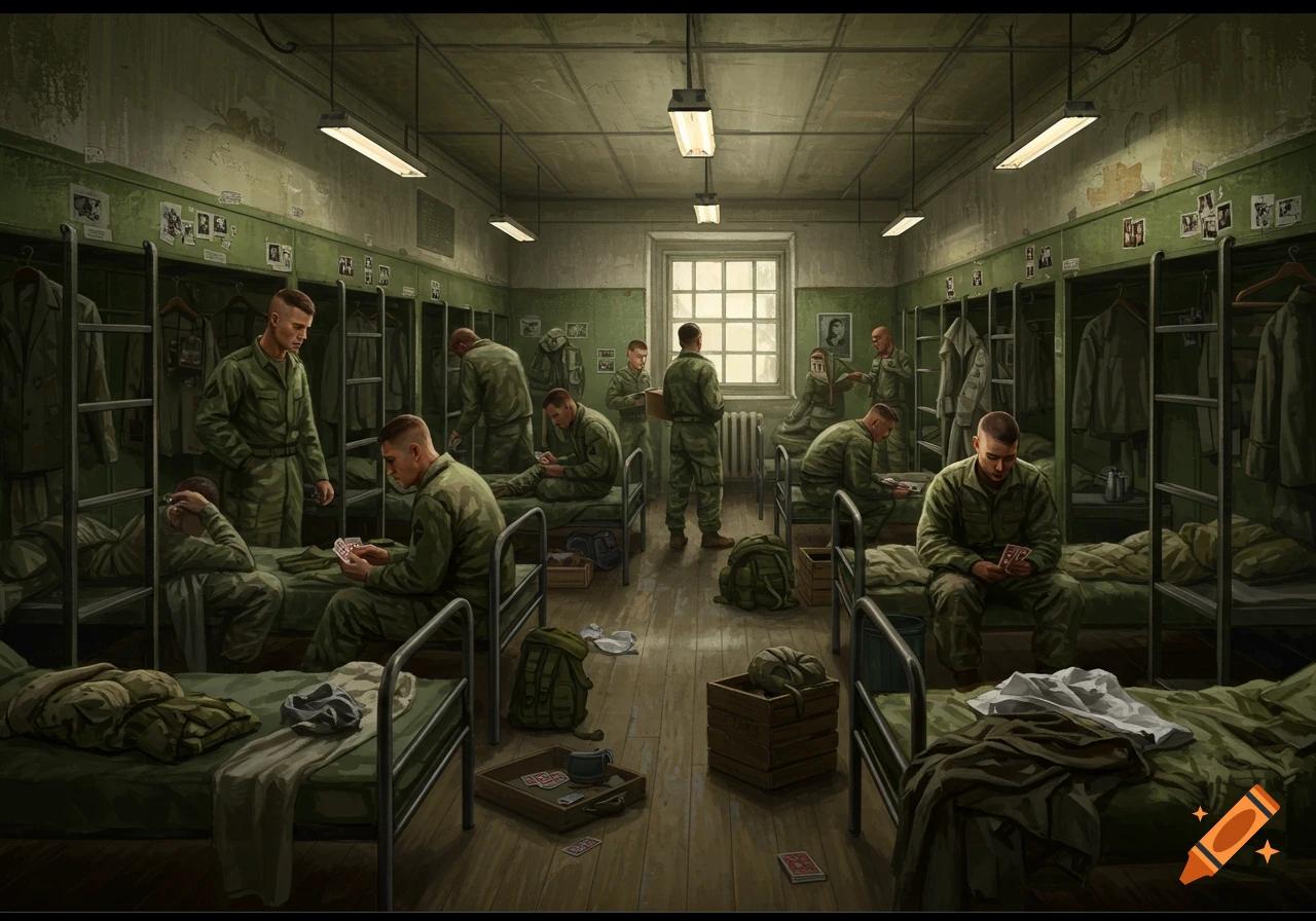 Several soldiers are relaxing and playing cards in a dimly lit army barracks with bunk beds and green walls.