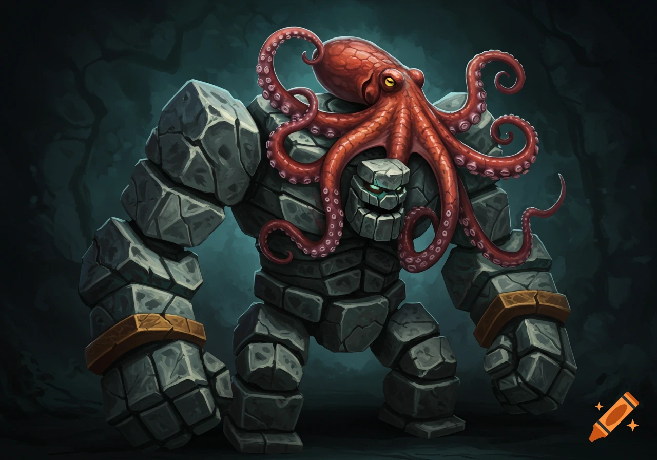 A stylized stone golem with a red octopus perched on its head, in a dark fantasy illustration.