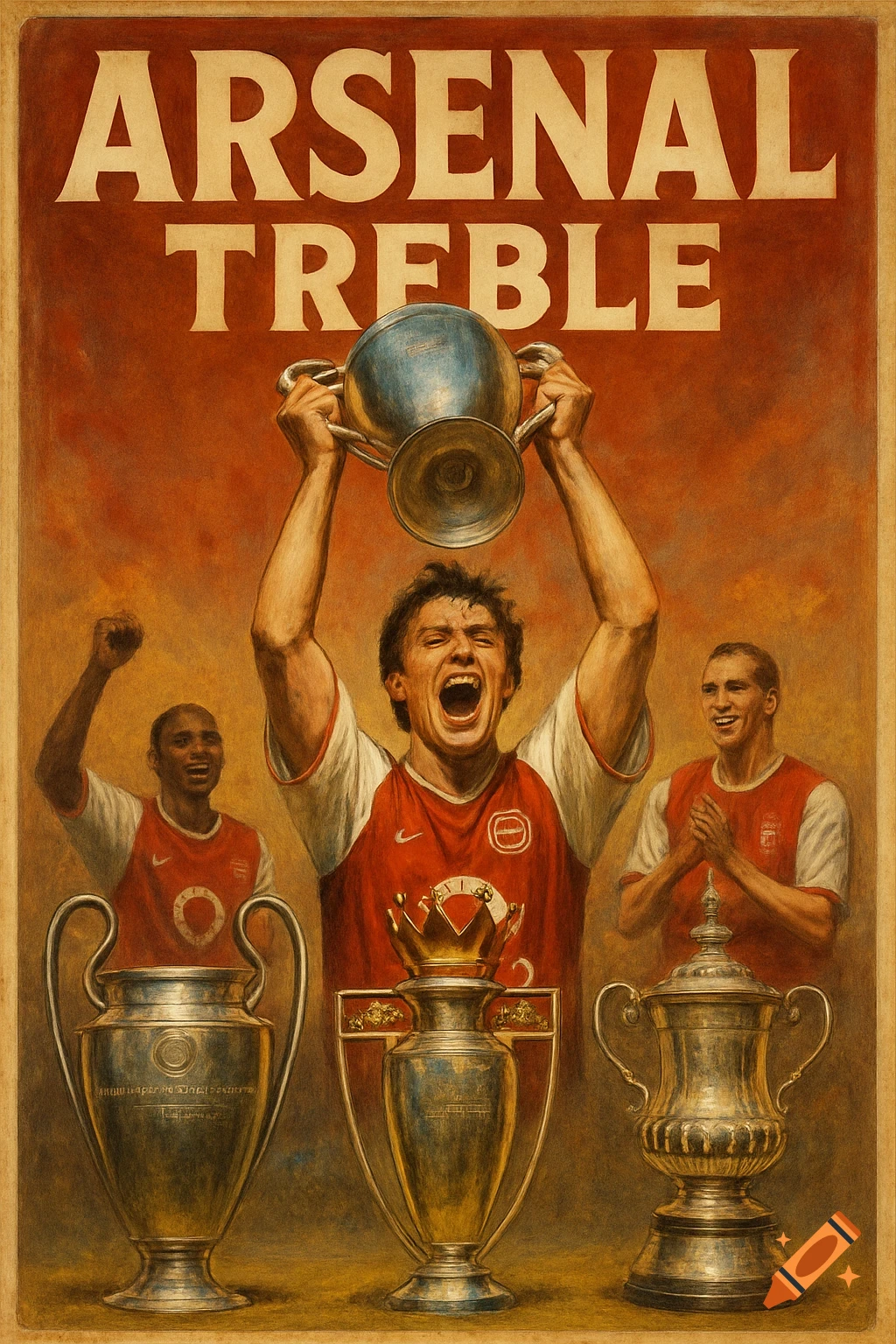 Painting-style poster of three Arsenal football players celebrating with trophies and 'ARSENAL TREBLE' text.