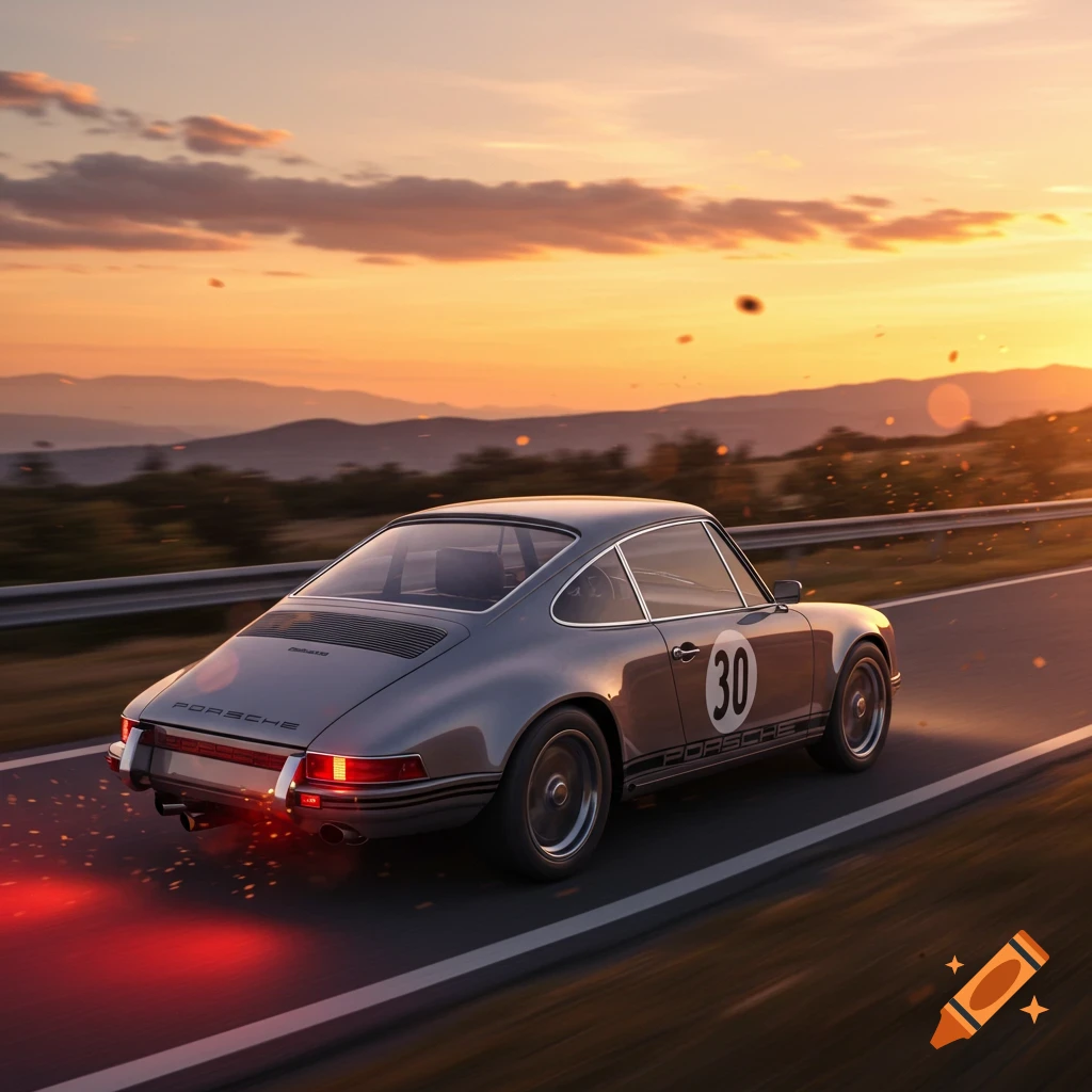 A photorealistic image of a gray vintage Porsche 911 race car with number 30, driving on a road at sunset.