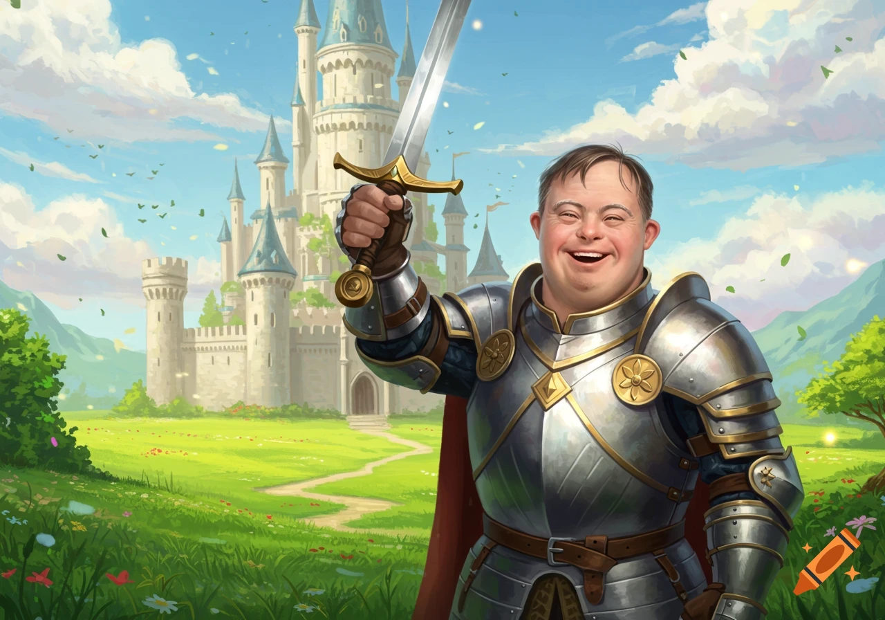 A smiling man with Down syndrome in shining knight armor holds a sword in front of a castle in a fantasy illustration.