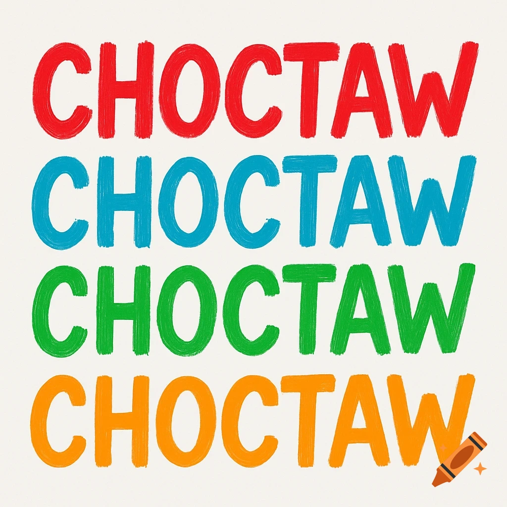 The word "CHOCTAW" repeated four times in different bright colors (red, blue, green, orange) on a light background.