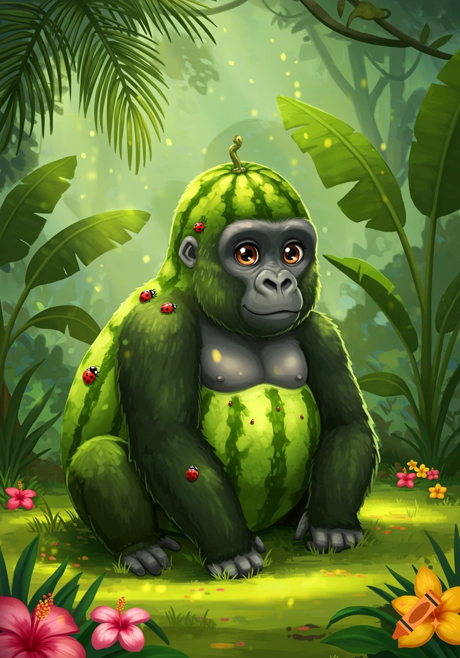 A cute cartoon gorilla with a watermelon-patterned body and ladybugs sits in a lush green jungle with colorful flowers.