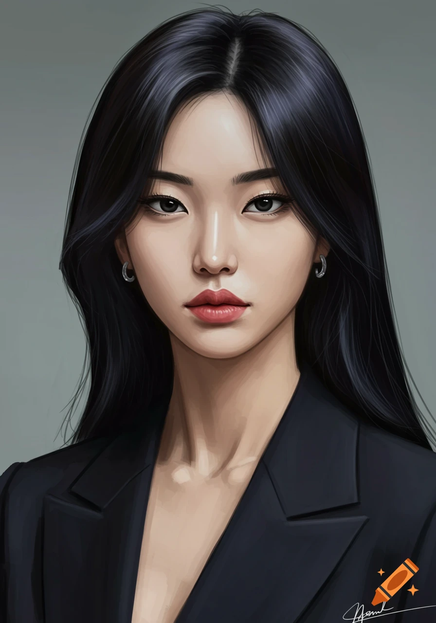 A digital portrait of a professional Korean woman with long black hair ...
