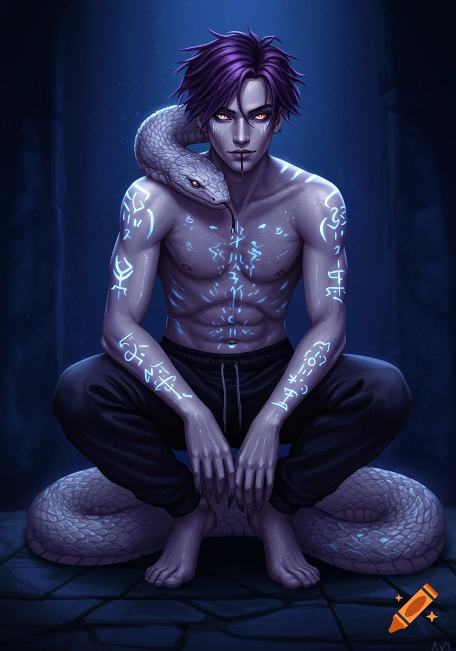 A shirtless male humanoid with purple hair and glowing tattoos, squatting with a snake around his neck, in a dark fantasy digital art style.