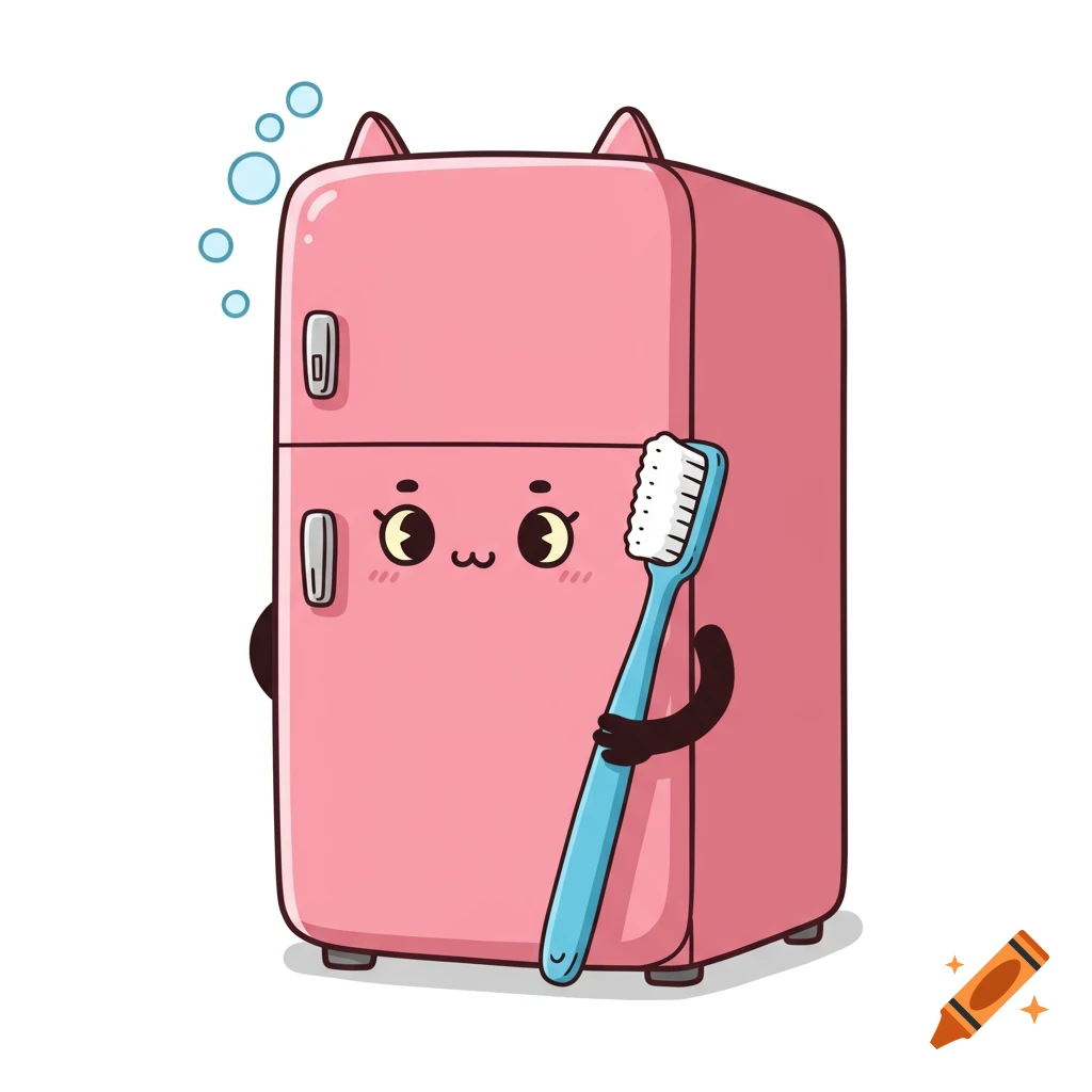 A pink cartoon fridge with cat ears and eyes holds a toothbrush. Bubbles float above it.
