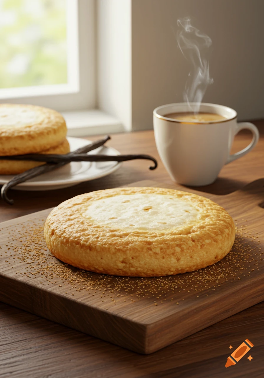 Photorealistic image of a round vanilla cookie on a wooden board, with vanilla beans and steaming coffee.