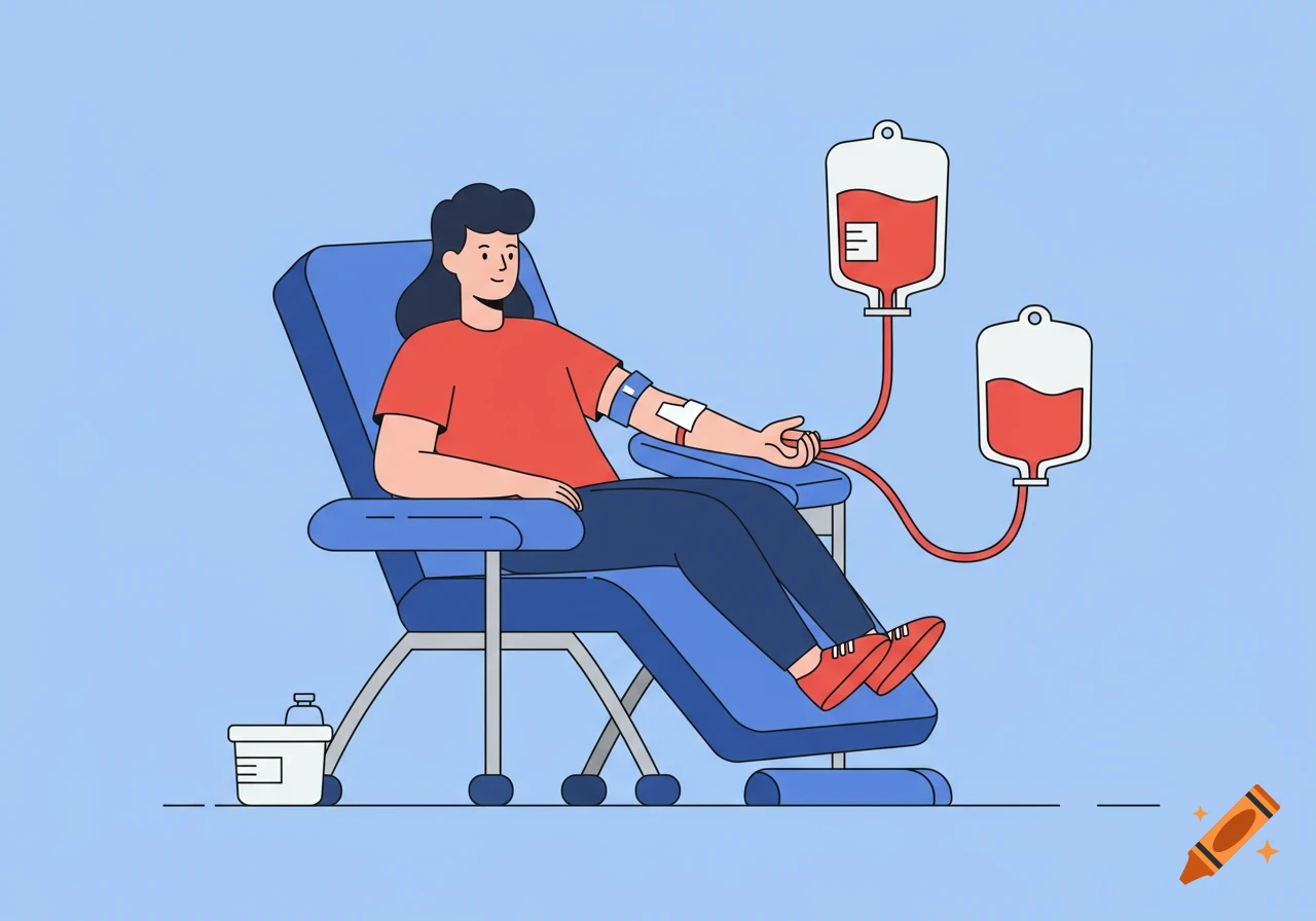 An illustration of a person sitting in a blue chair, donating blood into two hanging blood bags.