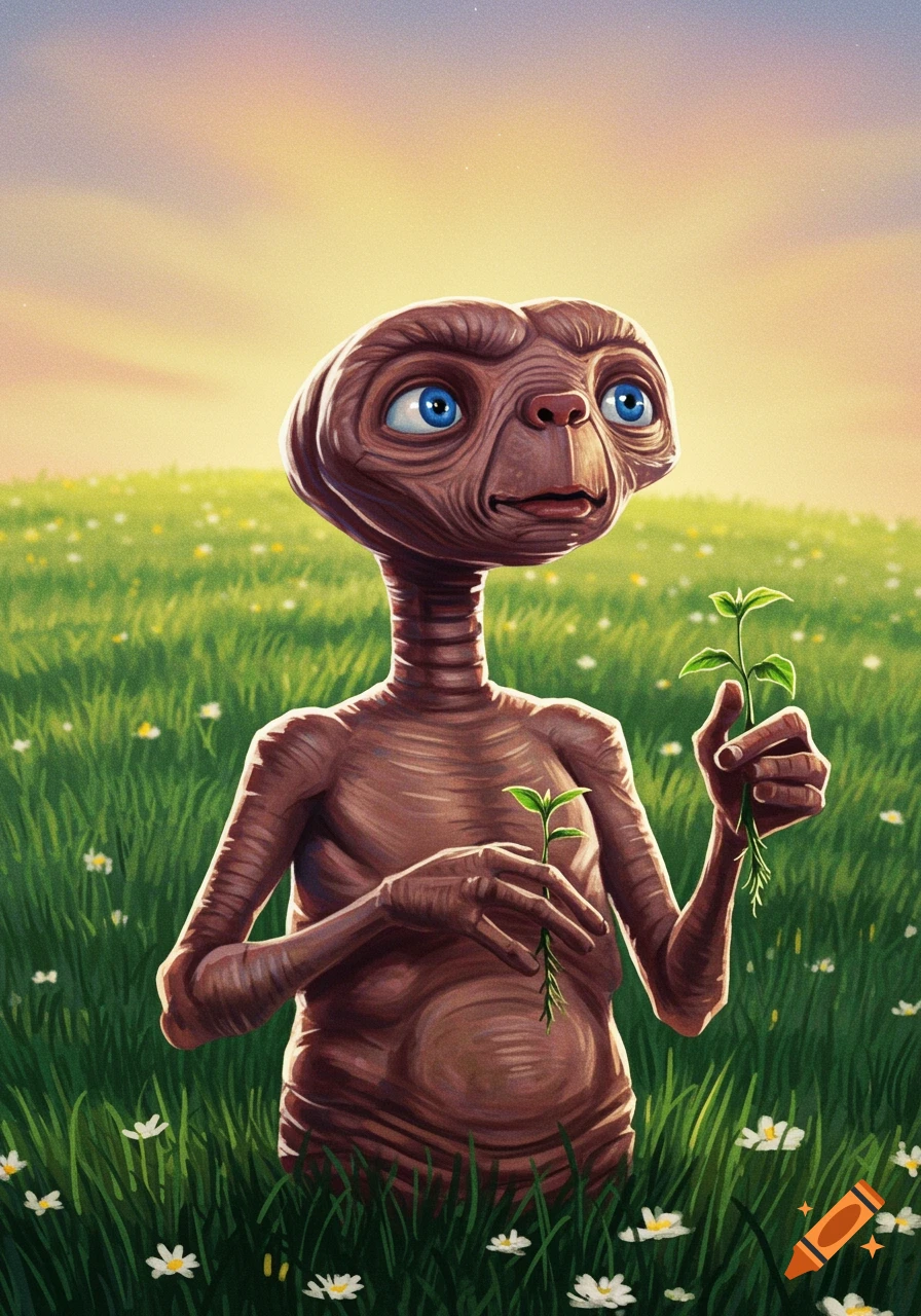 The alien E.T. standing in a green field filled with white flowers, holding two small green plants, in an illustrative style.