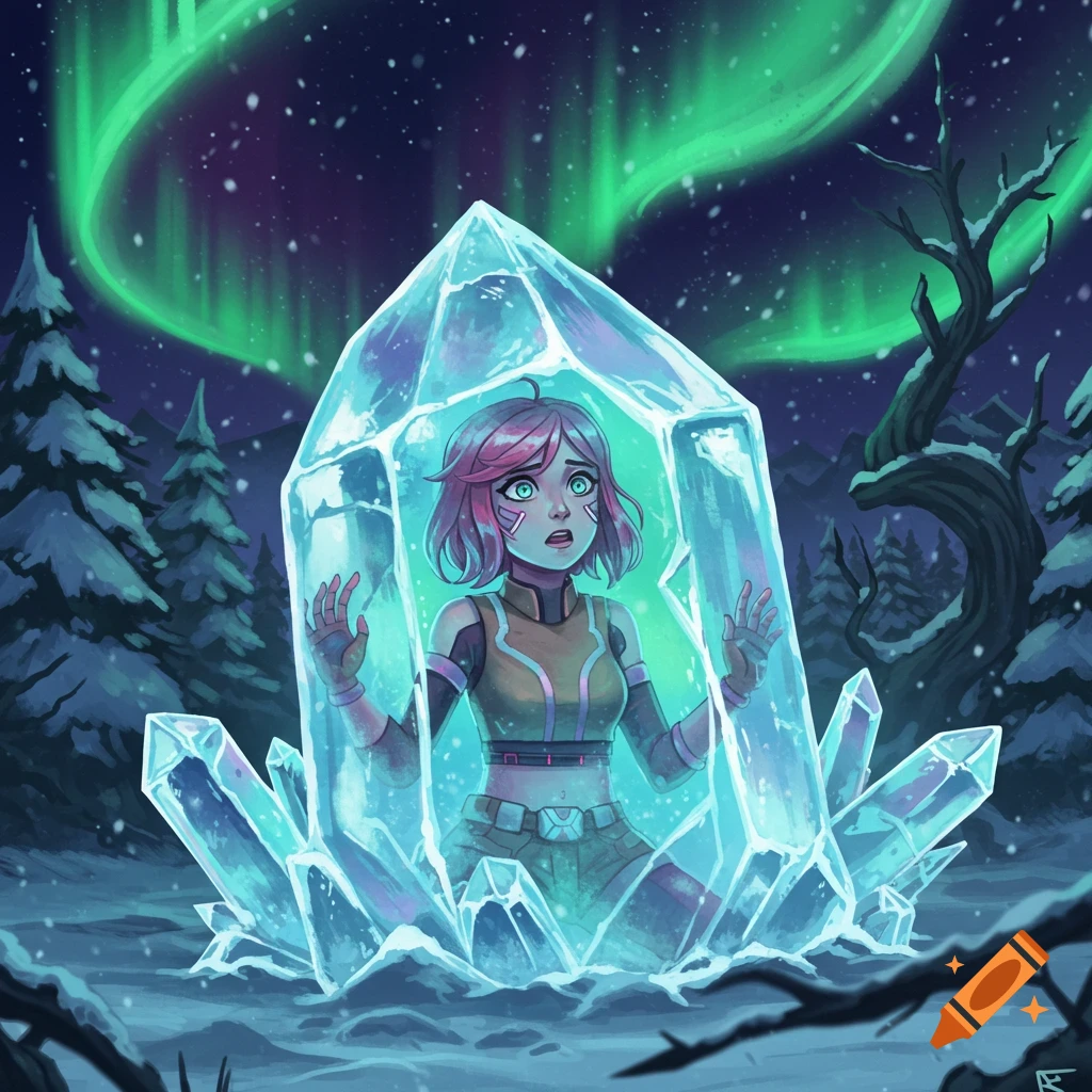 Miko from Glitch Techs is frozen inside a large ice crystal in a snowy forest under a green aurora.