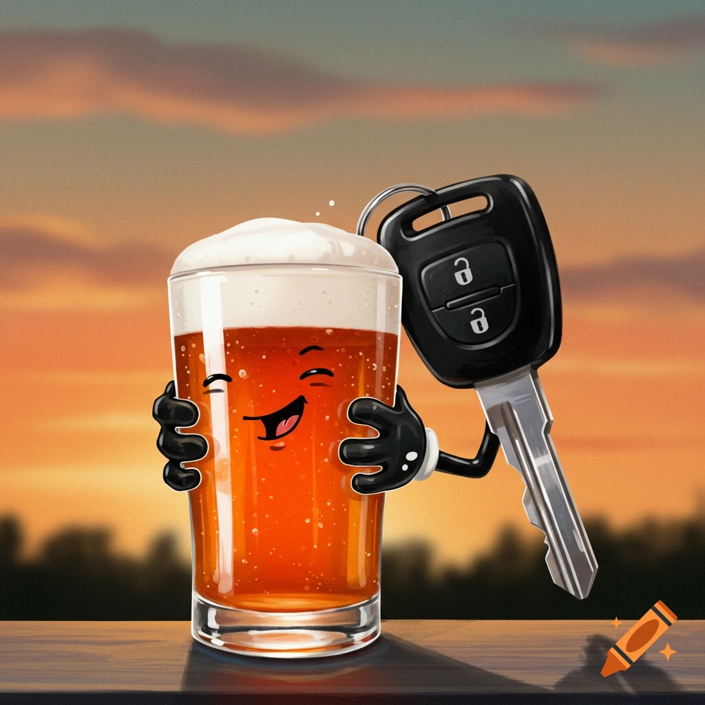 A happy cartoon beer glass with arms holds anthropomorphic car keys against a sunset background.