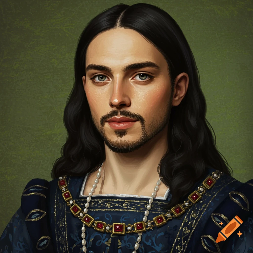 A high-detailed classical painting of an ancient king with long black hair and a beard, wearing royal blue clothing with a jeweled collar and pearl necklace.