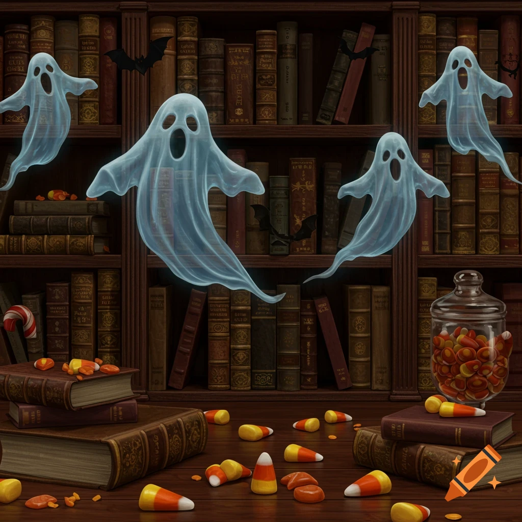 Blue ghosts, black bats, and candy corn float around old books on a wooden surface, with a candy jar on a bookshelf.