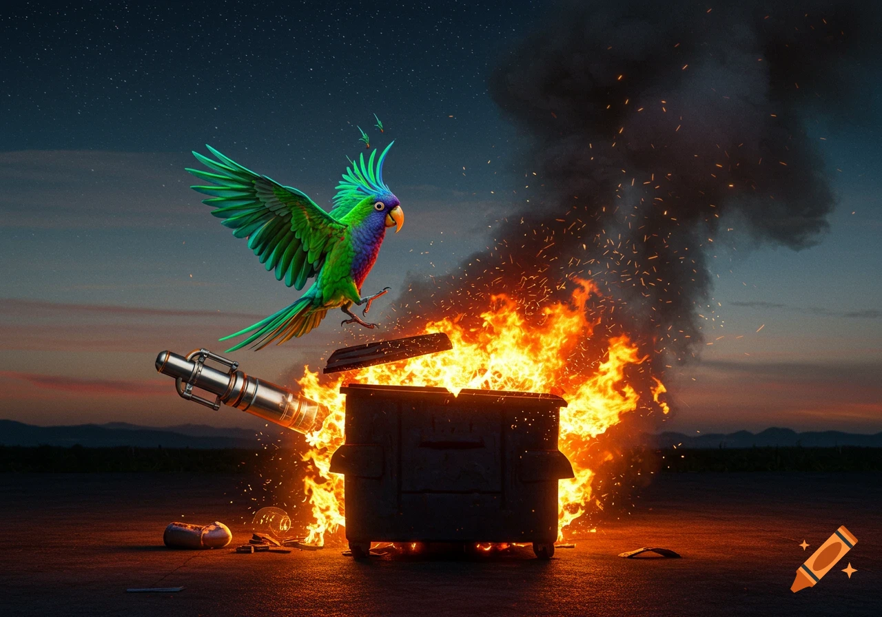 A vibrant green and blue parrot flies above a dumpster engulfed in large flames, with a telescope-like object ejected into the night sky.