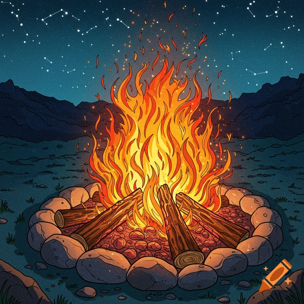 A vibrant illustration of a bonfire with logs and rocks, burning under a dark night sky with stars and constellations.