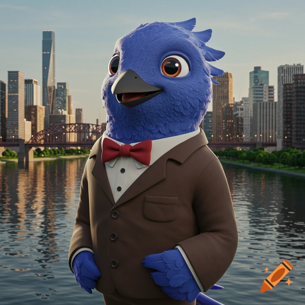 A 3D rendered anthropomorphic blue bird wearing a brown suit and red bow tie stands in front of a city skyline and river.