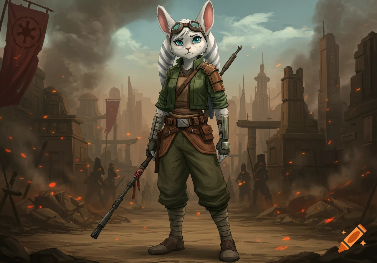 Anime-style anthropomorphic rabbit girl with a staff stands in a ruined city under smoky skies with Imperial banners.