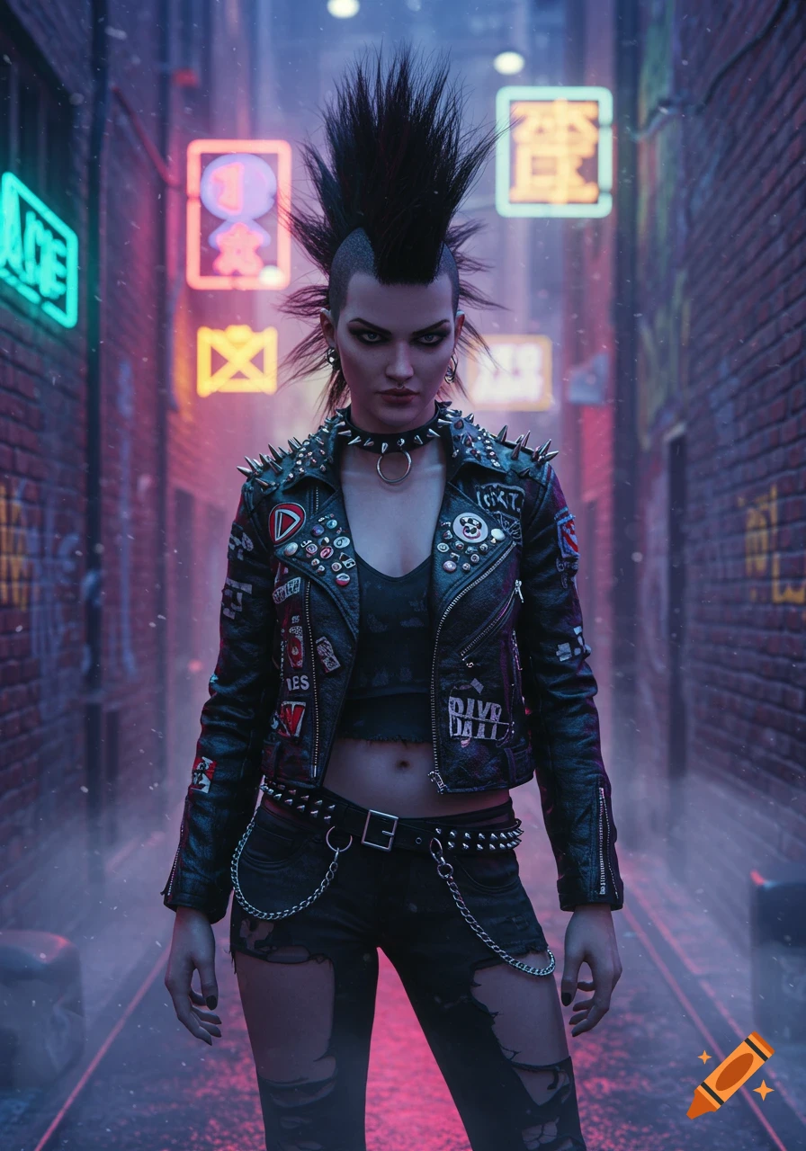 A punk woman with a mohawk, spiked leather jacket, and ripped jeans stands in a neon-lit alley. The image has a photorealistic style.
