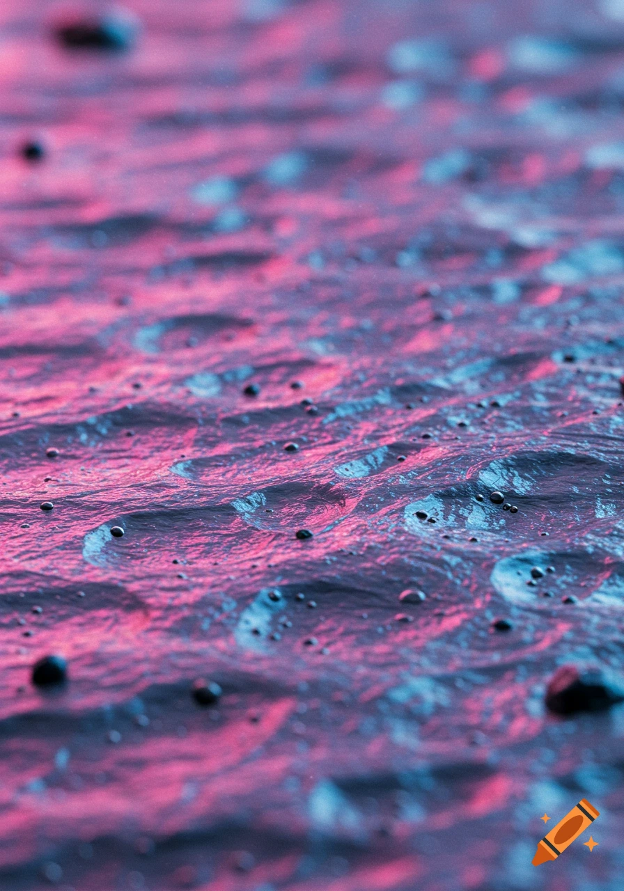 Close-up of a vibrant pink and blue textured surface resembling alien mud or liquid, with small dark beads.