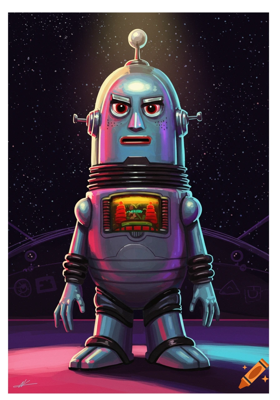 Stylized illustration of Robby the Robot standing under a spotlight in space, with glowing red eyes and blue metallic body.