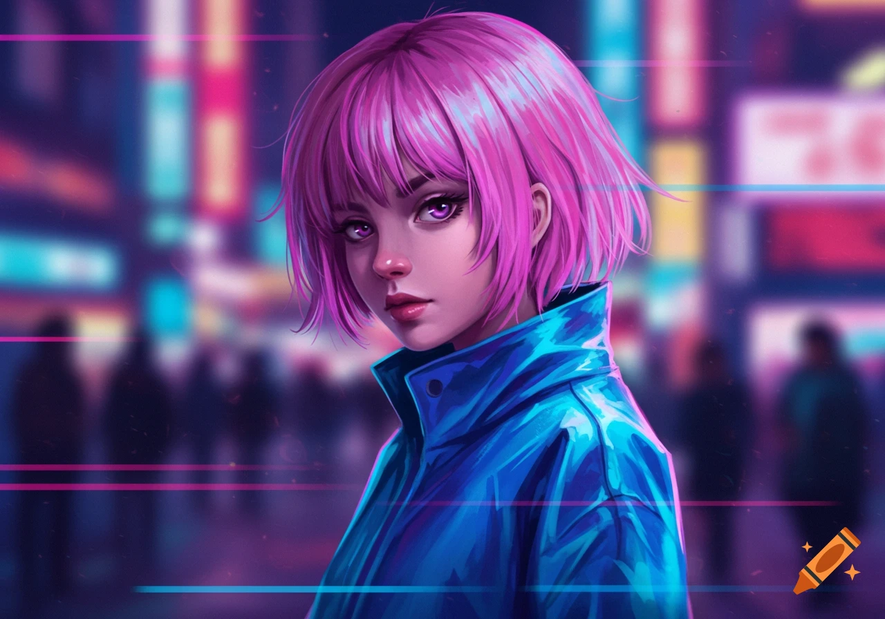 A short pink-haired girl in a blue jacket in a neon-lit cityscape.