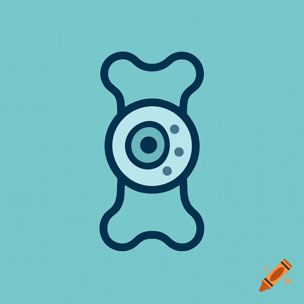 A minimalistic flat logo with a dark blue stylized bone shape containing a light blue abstract cell symbol on an aqua blue background.