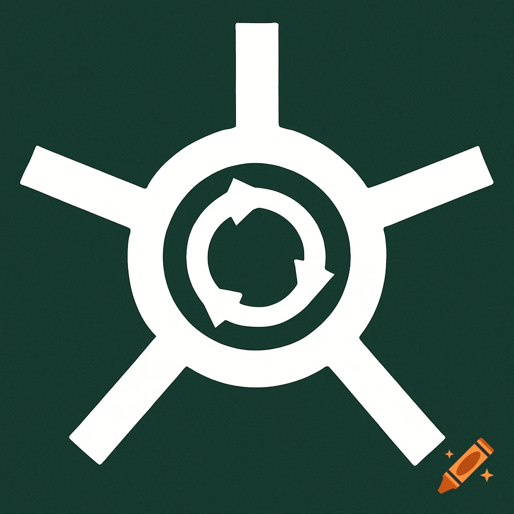 A white five-way roundabout road symbol with a recycling arrow icon in the center, on a dark green background.