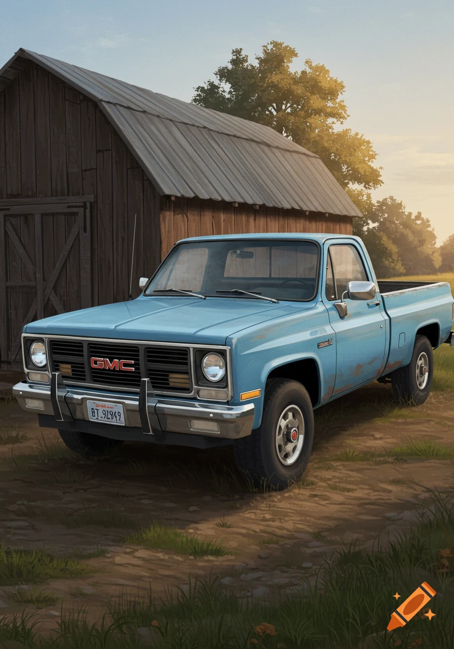 A light blue 1980s GMC pickup truck parked in front of a wooden barn at sunset, with fields in the background.
