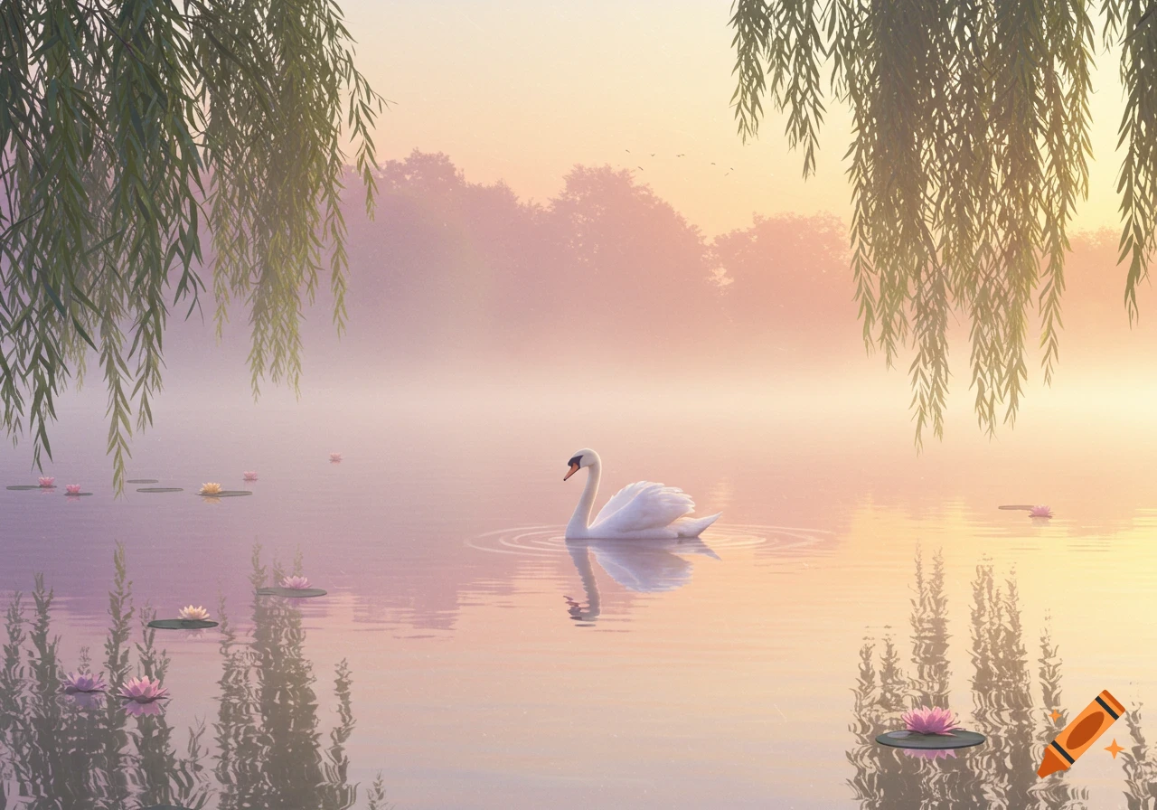 A white swan glides on a misty lake with water lilies, framed by willow branches at sunrise or sunset.