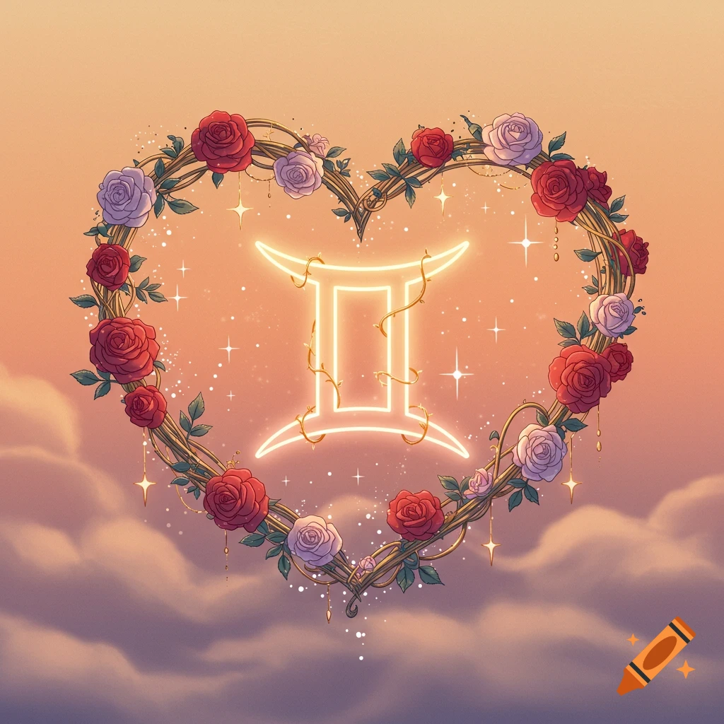 Glowing Gemini symbol inside a heart-shaped wreath of red and white roses and vines against a cloudy sky.
