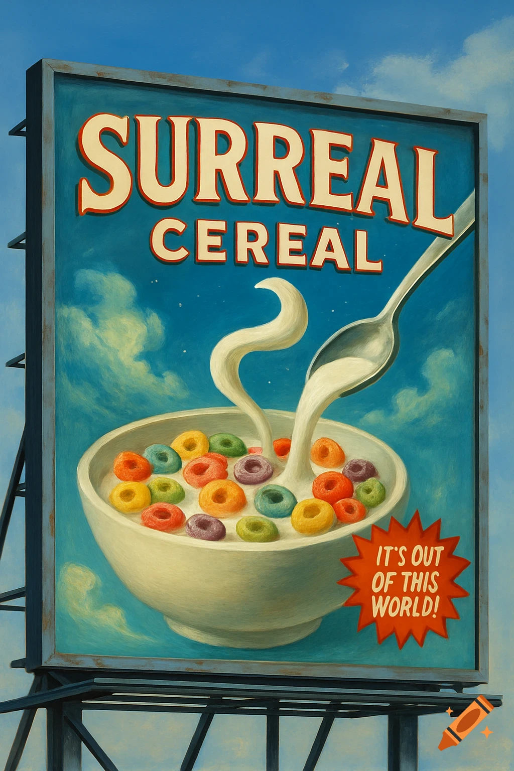 A large billboard advertising 'Surreal Cereal' with a bowl of colorful cereal, milk, and a spoon, against a blue sky. Painterly style.