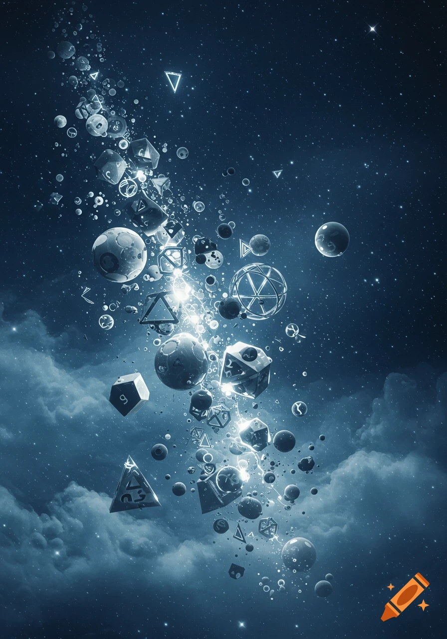Glowing geometric shapes, spheres, and polyhedra float through a dark blue cosmic space with stars and clouds.