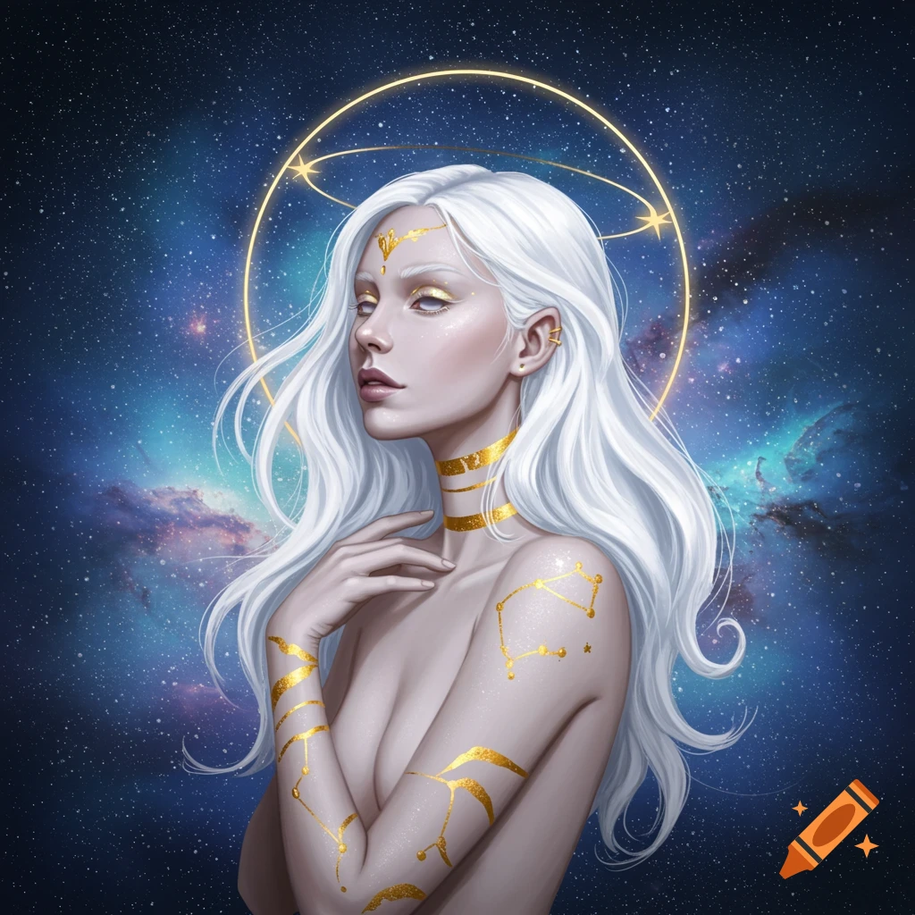 A celestial woman with long white hair and golden constellation tattoos on her skin, against a starry galaxy background.