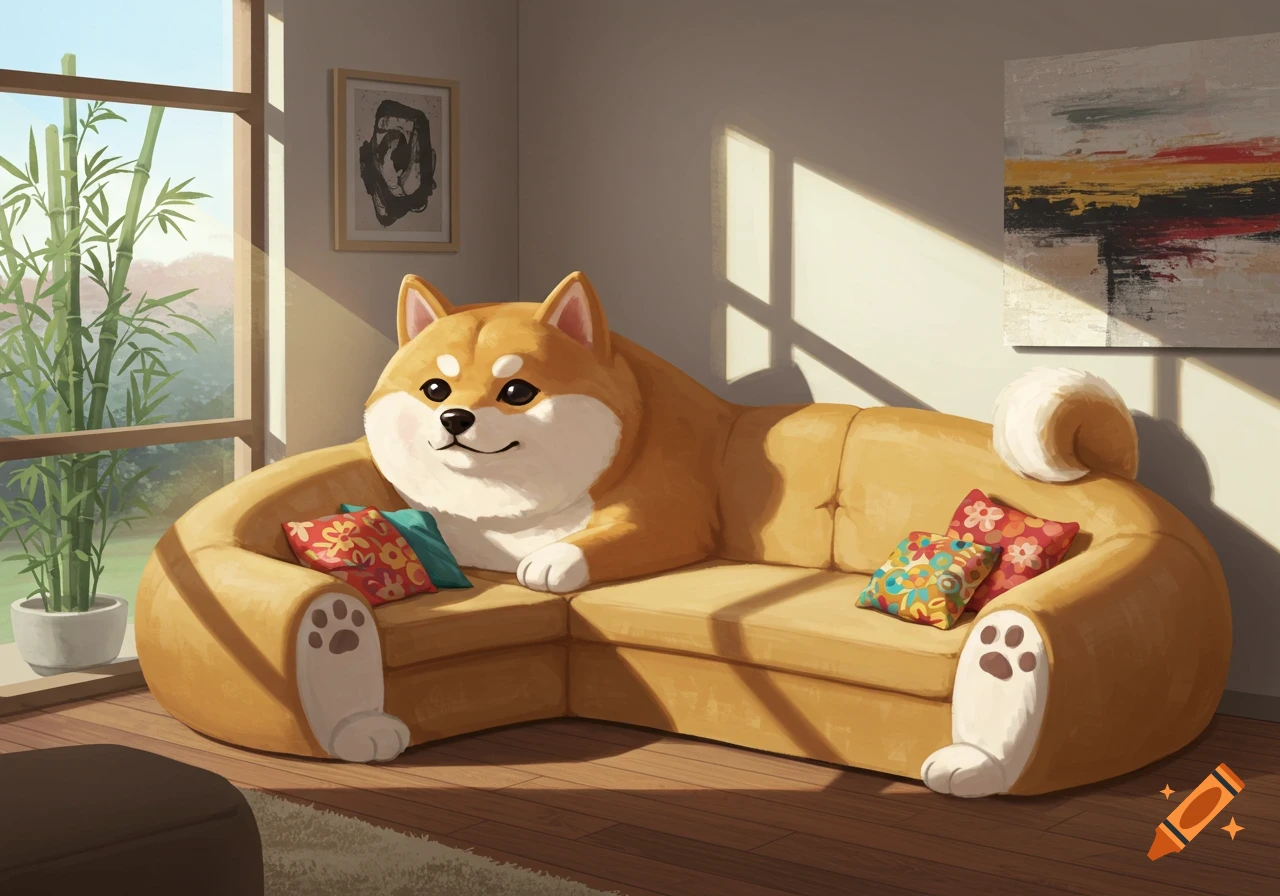 A cute Shiba Inu shaped couch with paw details sits in a sunlit living room with a window, bamboo plant, and abstract art.