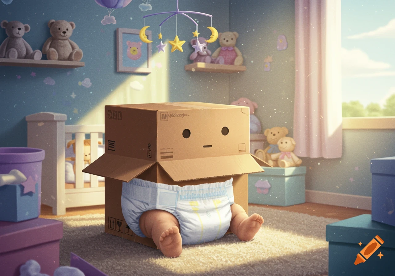 A baby's legs and feet in a diaper peek out from under a cardboard box with a drawn-on face, in a whimsical nursery full of toys.