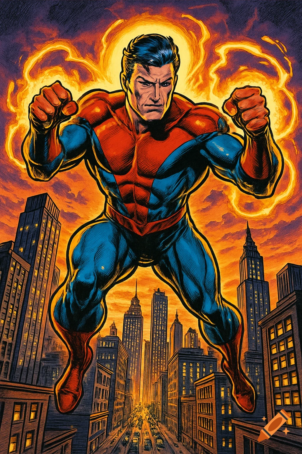 A muscular superhero in a red and blue suit floats above a city street, surrounded by glowing energy, in a dynamic comic book art style.