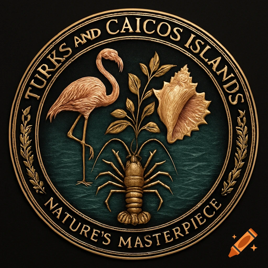 A circular golden coat of arms with a flamingo, lobster, conch shell, and plant on a teal background. Text reads 'Turks and Caicos Islands' and 'Nature's Masterpiece'.