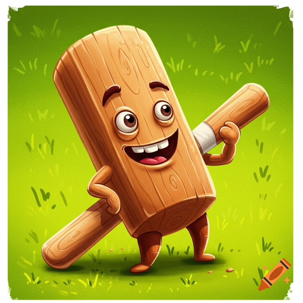 A cheerful cartoon wooden bat character with legs, eyes, and a wide smile, holding another wooden bat, standing on a vibrant green grassy background.